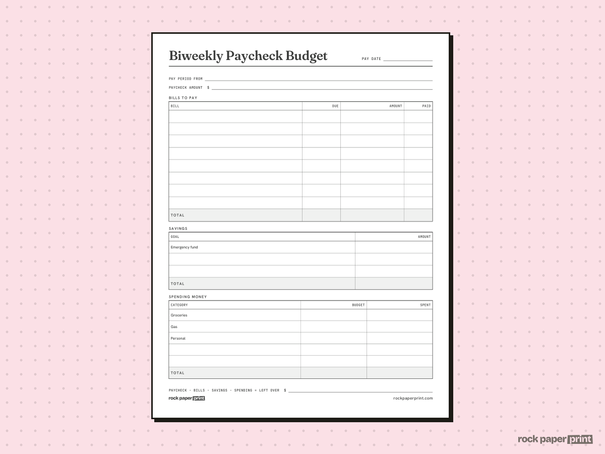 Weekly & Paycheck Budget Template, Biweekly Paycheck, printable PDF preview