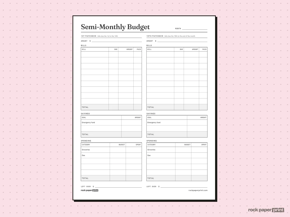 Weekly & Paycheck Budget Template, Semi-Monthly, printable PDF preview