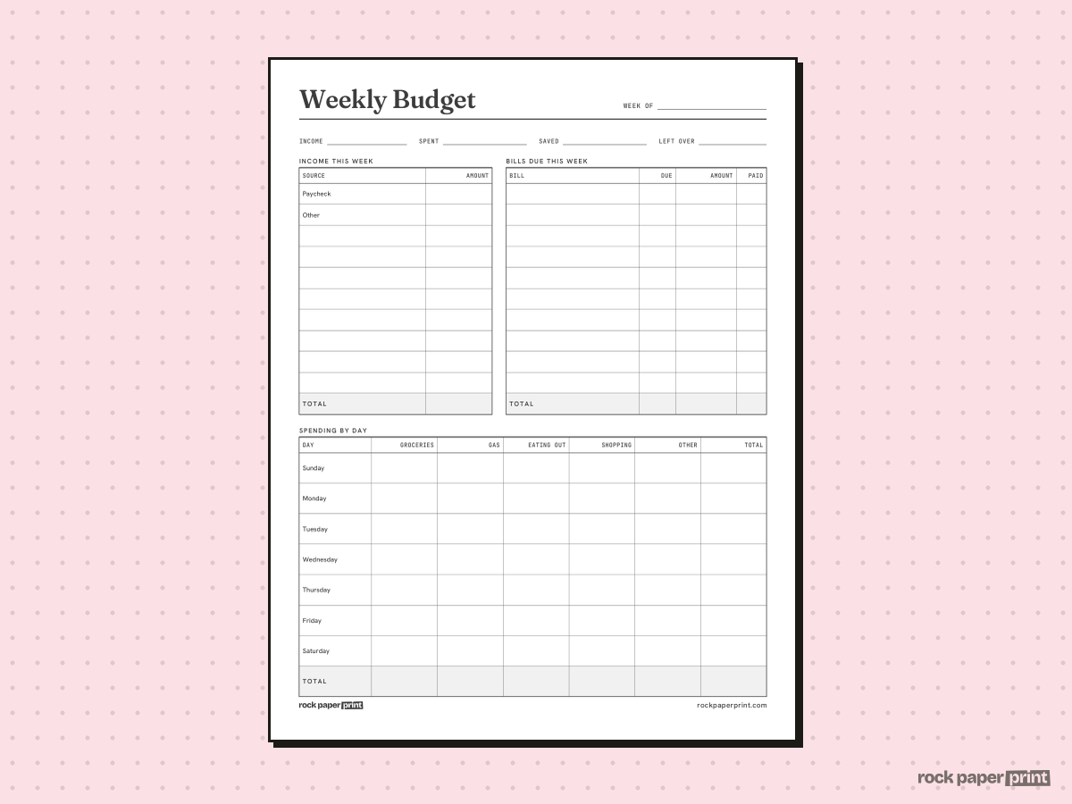 Weekly & Paycheck Budget Template, Weekly, printable PDF preview
