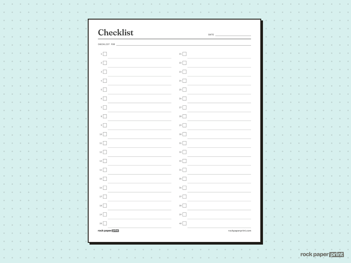 Printable Checklist, 40 Rows, printable PDF preview
