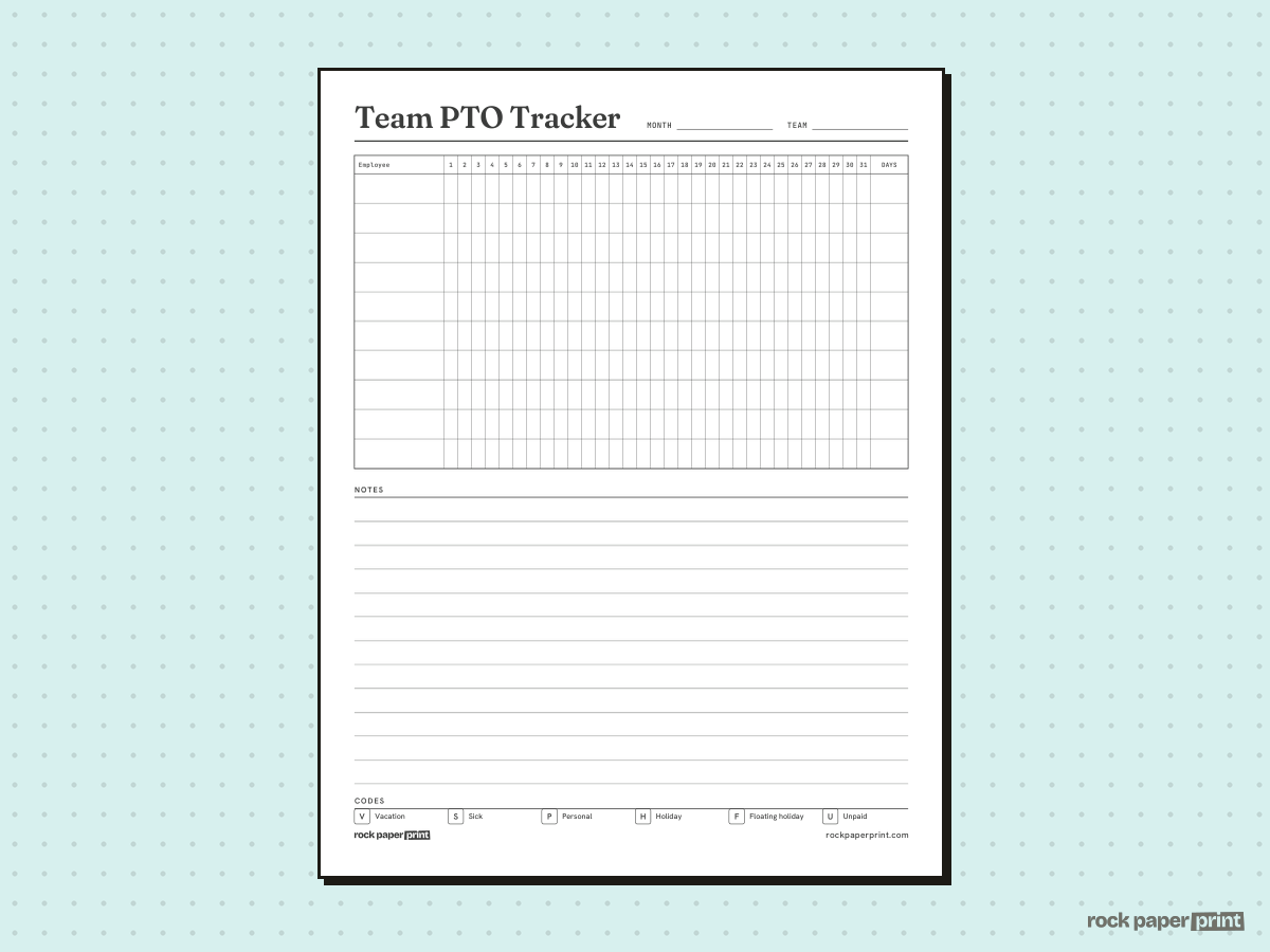 PTO Tracker, Team of 10, printable PDF preview