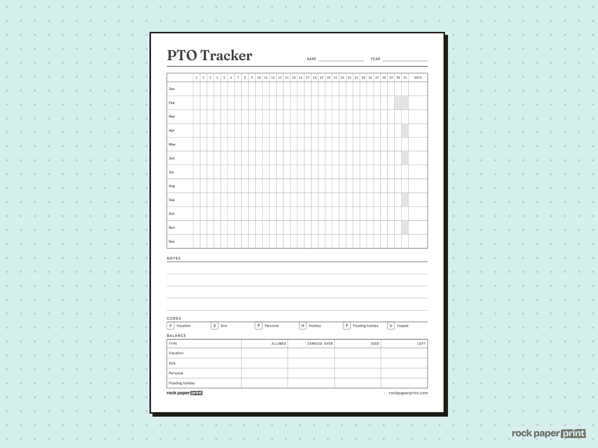 PTO Tracker, Year Calendar with Balance, printable PDF preview