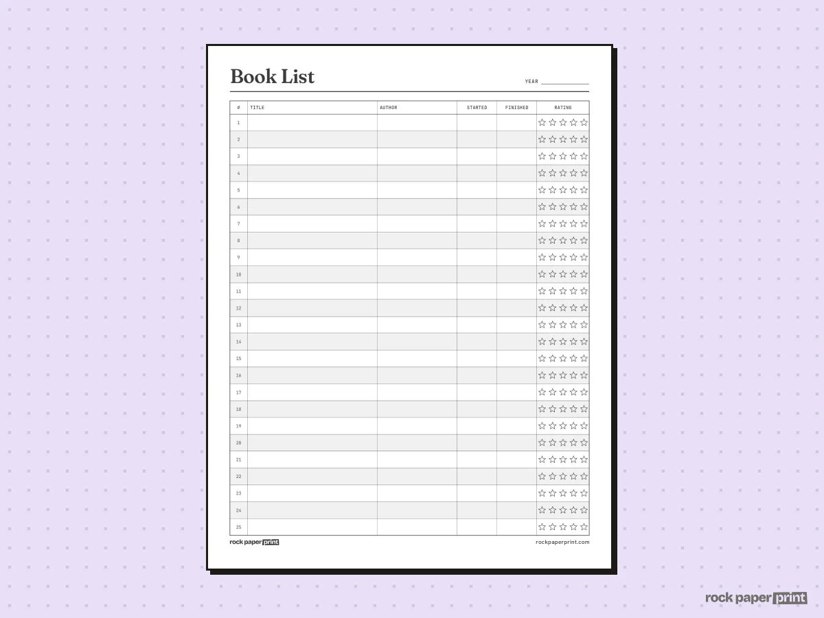 Reading Tracker, Book List, printable PDF preview