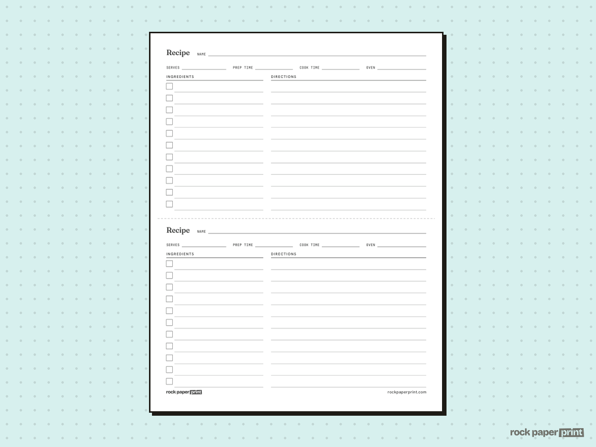 Recipe Page Template, Two Recipes per Page, printable PDF preview