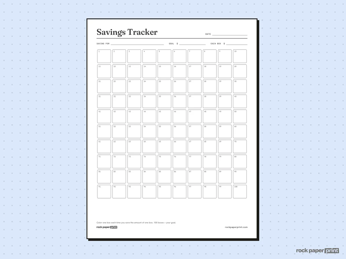 Savings Tracker, 100 Boxes, printable PDF preview