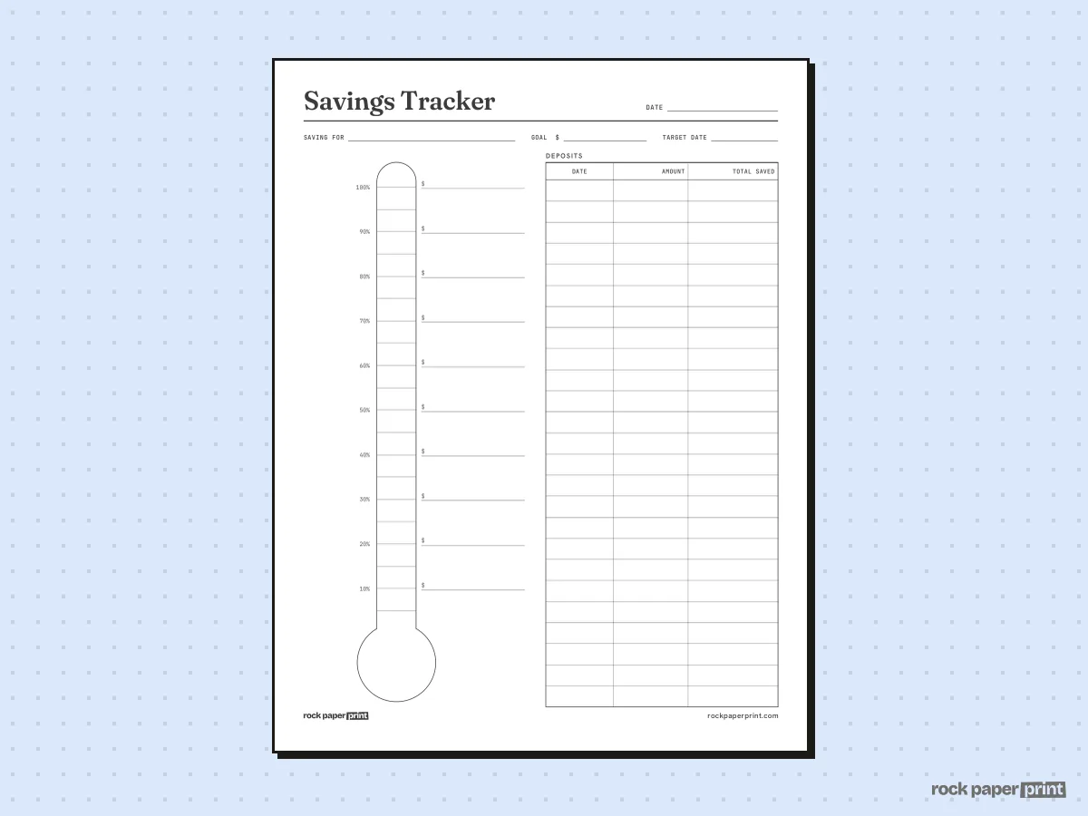 Savings Tracker, Goal Thermometer, printable PDF preview