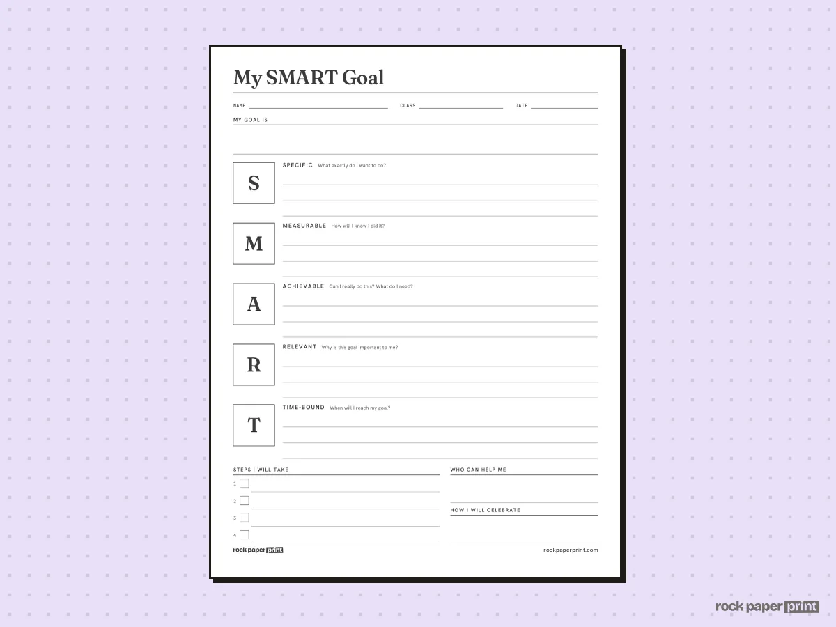 SMART Goals Worksheet, Student Version, printable PDF preview