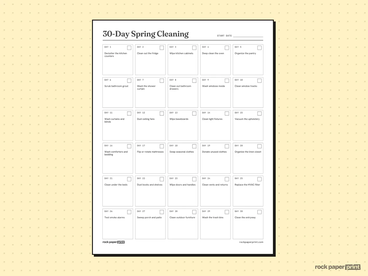 Spring Cleaning Checklist, 30-Day Challenge, printable PDF preview