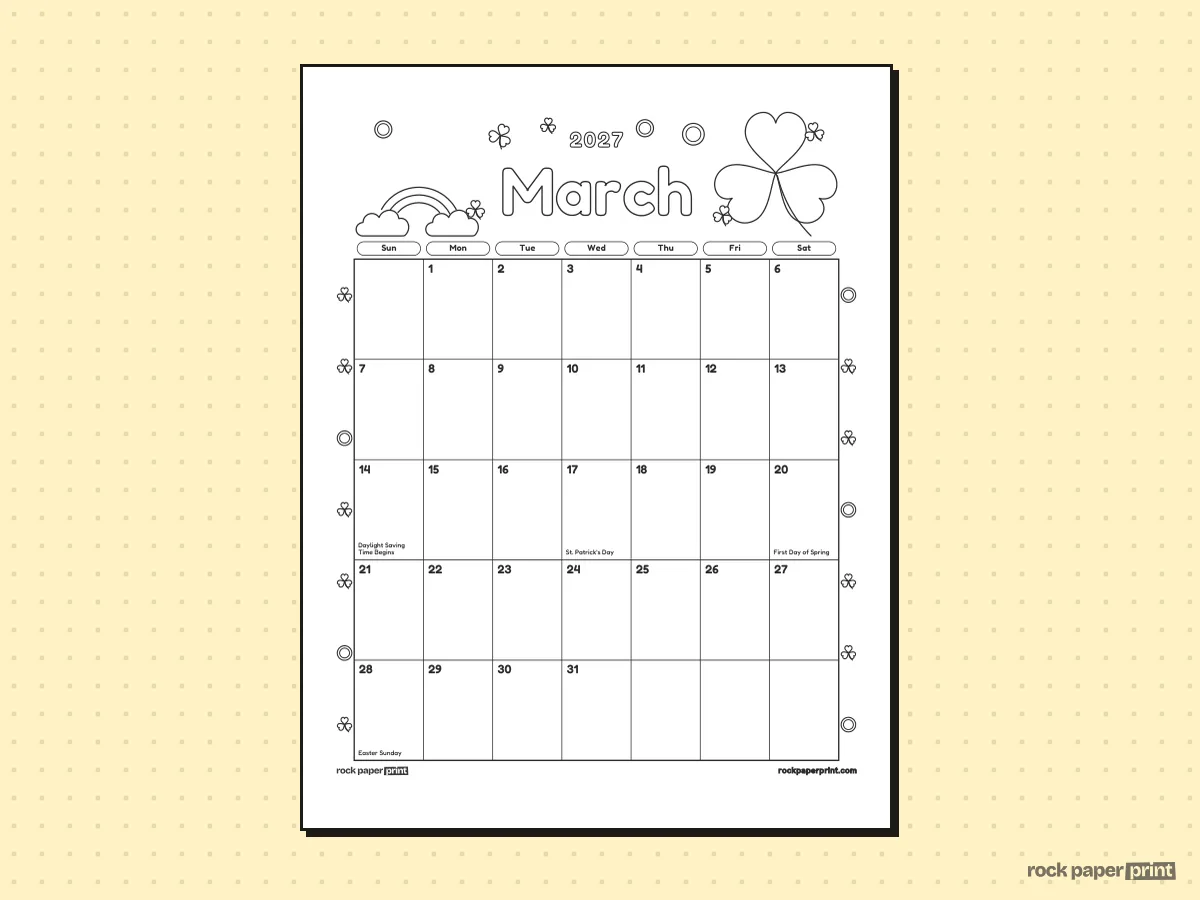 St. Patrick's Day Calendar, Coloring, St. Patrick's Day, printable PDF preview