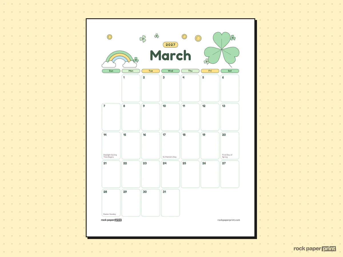 St. Patrick's Day Calendar, Cute, St. Patrick's Day, printable PDF preview