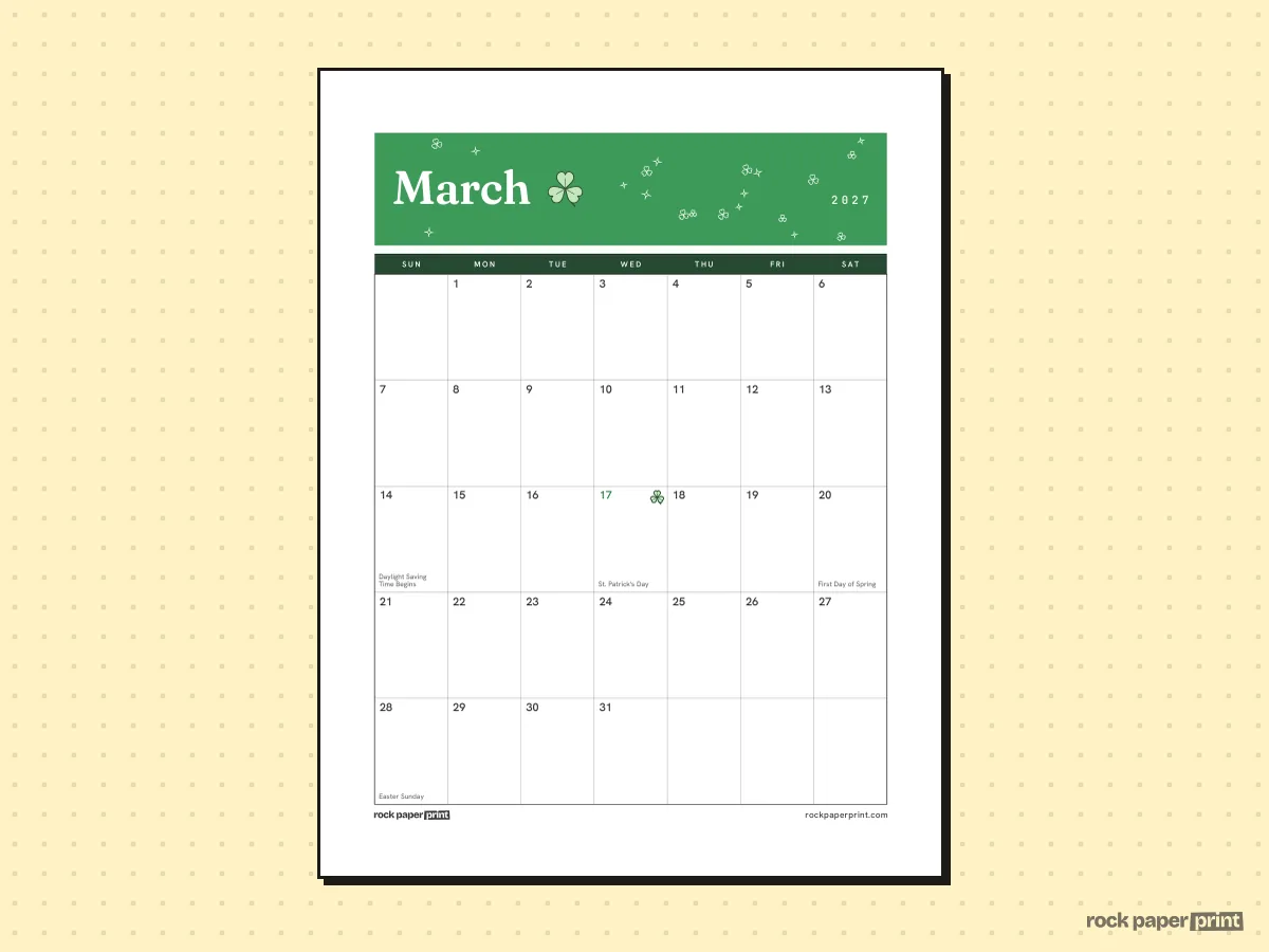 St. Patrick's Day Calendar, Plain, St. Patrick's Day, printable PDF preview