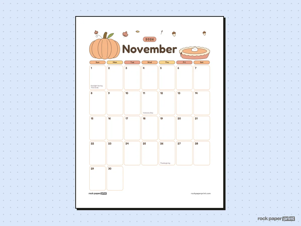 Thanksgiving Calendar, Cute, Thanksgiving, printable PDF preview