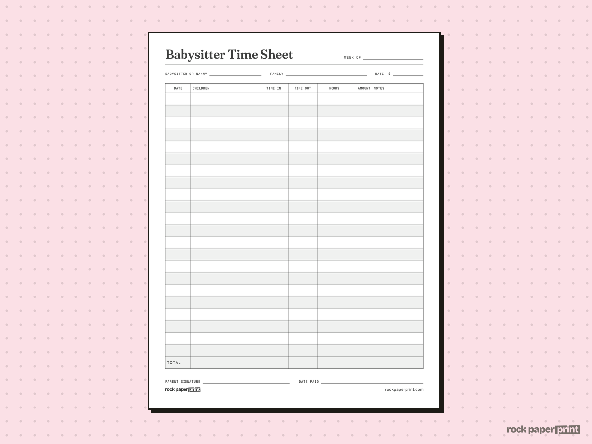 Printable Time Sheet, Babysitter and Nanny, printable PDF preview