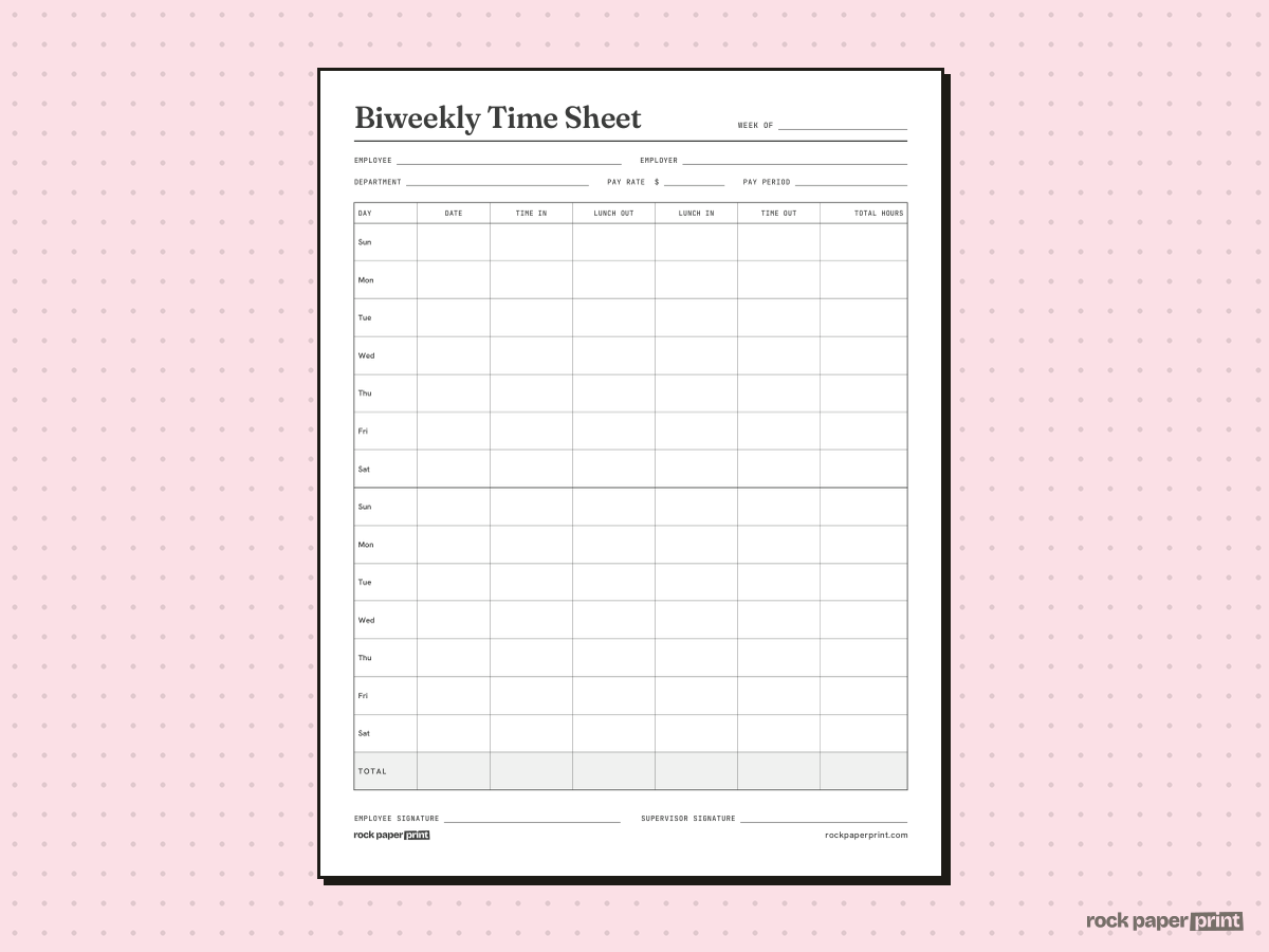 Printable Time Sheet, Biweekly, printable PDF preview