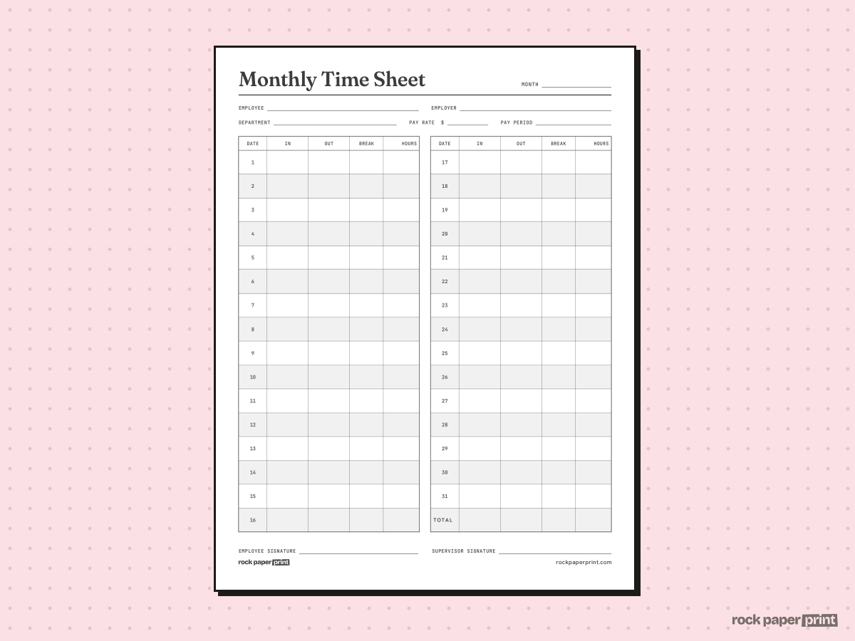 Printable Time Sheet, Monthly, printable PDF preview