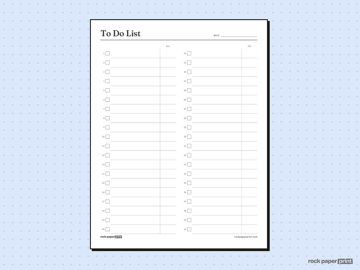 To Do List, 40 Rows, printable PDF preview