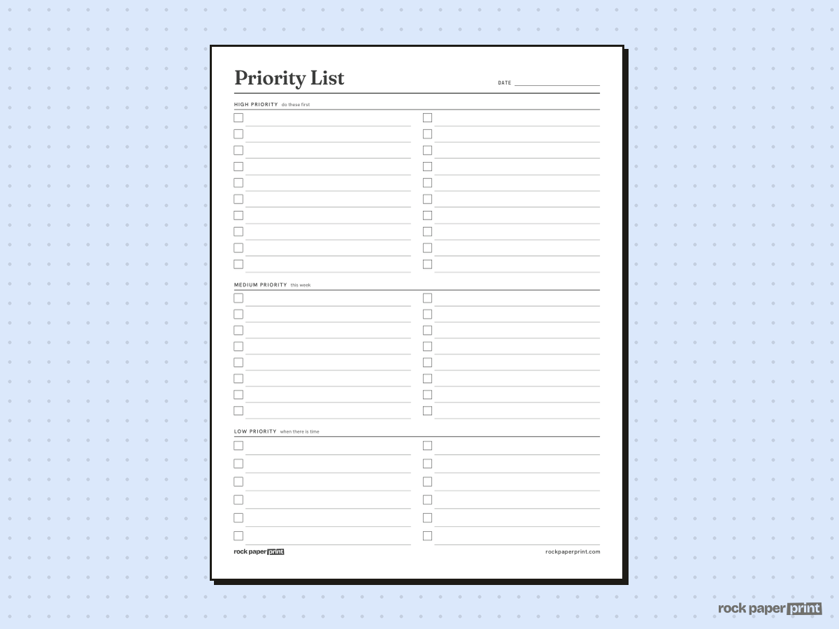 To Do List, Priority List, printable PDF preview