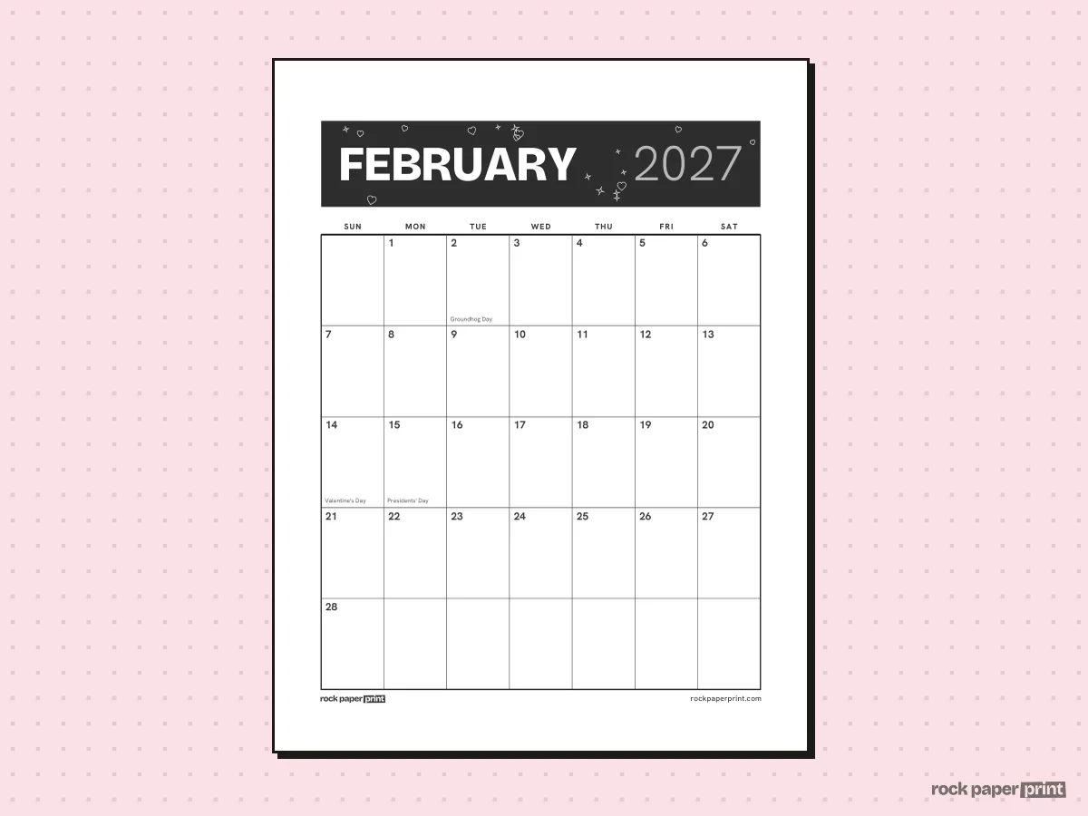 Valentine's Day Calendar, Bold header, Valentine's Day, printable PDF preview