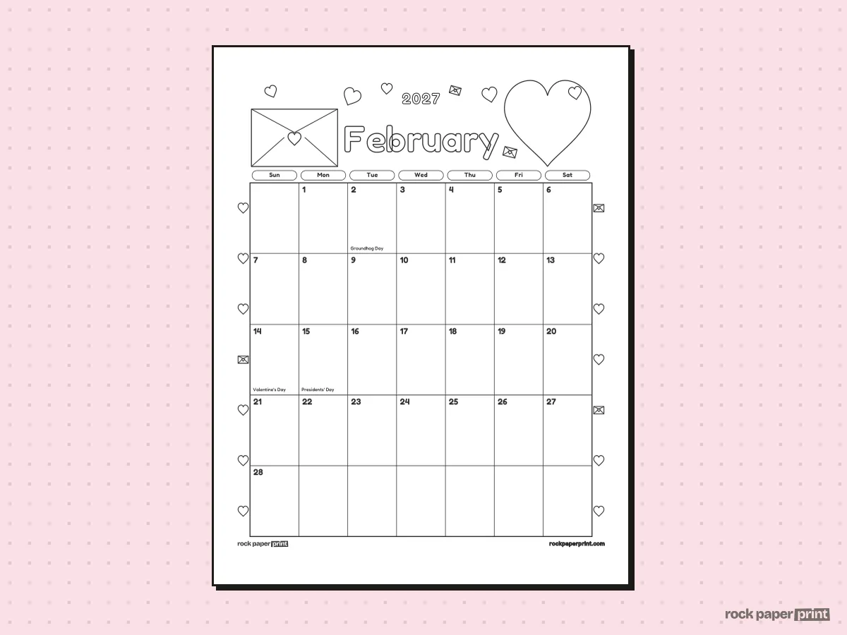Valentine's Day Calendar, Coloring, Valentine's Day, printable PDF preview