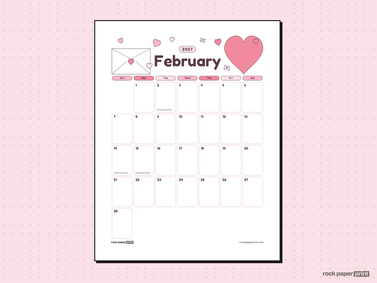 Valentine's Day Calendar, Cute, Valentine's Day, printable PDF preview