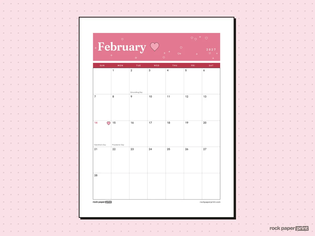 Valentine's Day Calendar, Plain, Valentine's Day, printable PDF preview