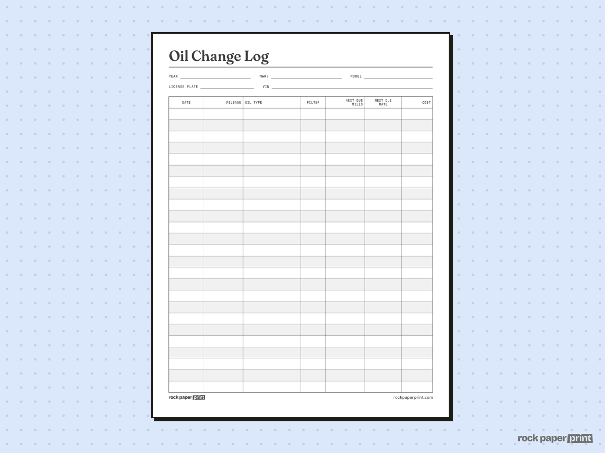 Vehicle Maintenance Log, Oil Change Log, printable PDF preview