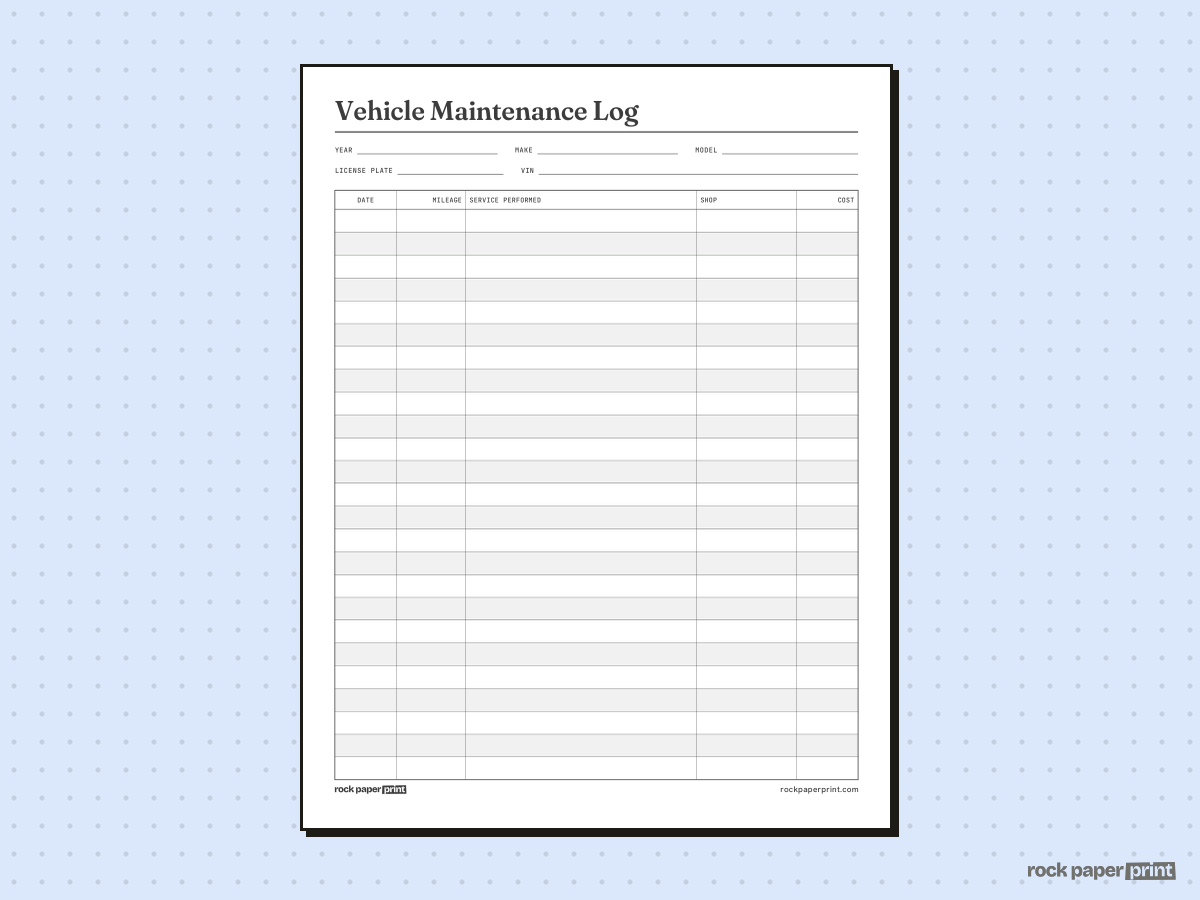 Vehicle Maintenance Log, Service Log, printable PDF preview