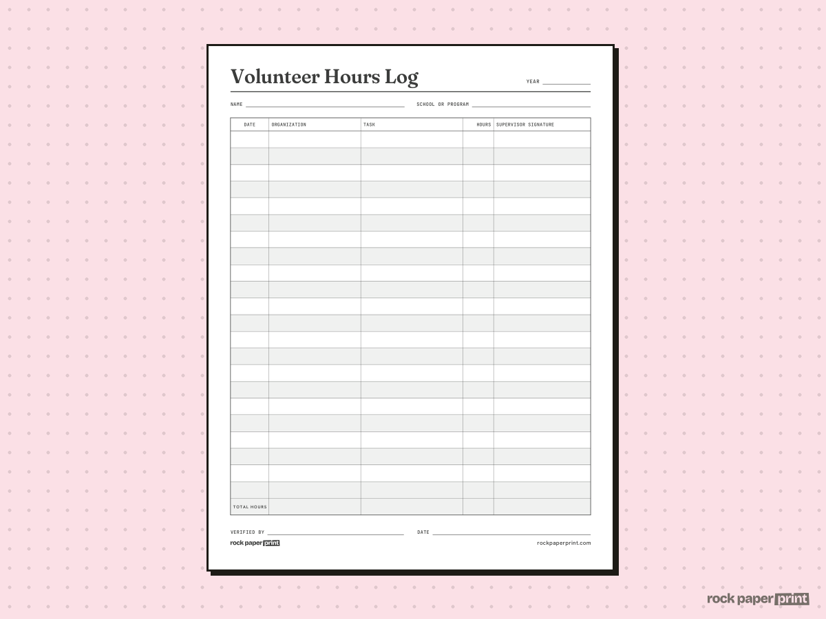Volunteer Hours Log, Standard, printable PDF preview