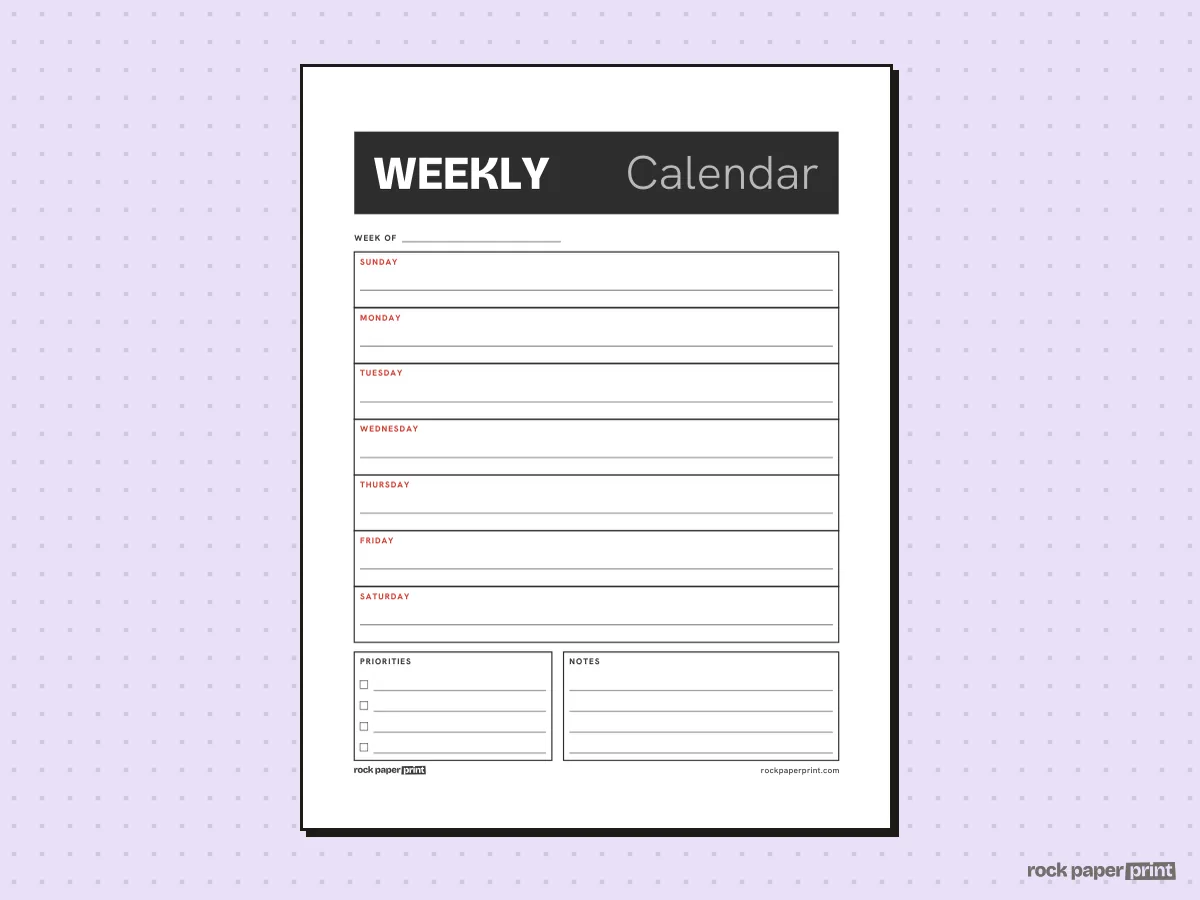 Weekly Calendar, Bold header · Sunday start, printable PDF preview