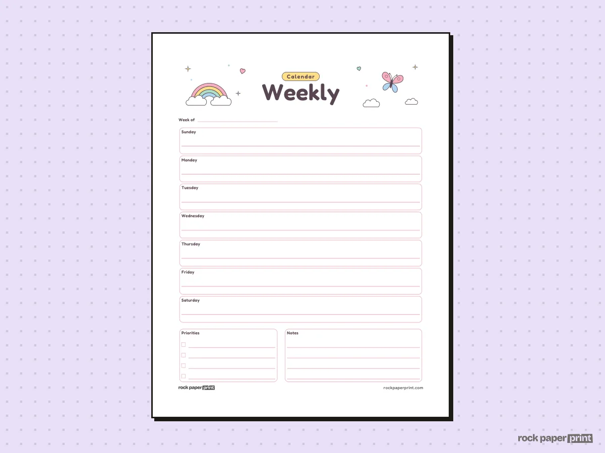 Weekly Calendar, Cute · Sunday start, printable PDF preview