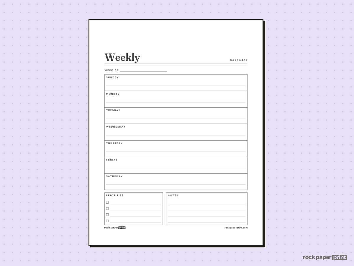 Weekly Calendar, Plain · Sunday start, printable PDF preview
