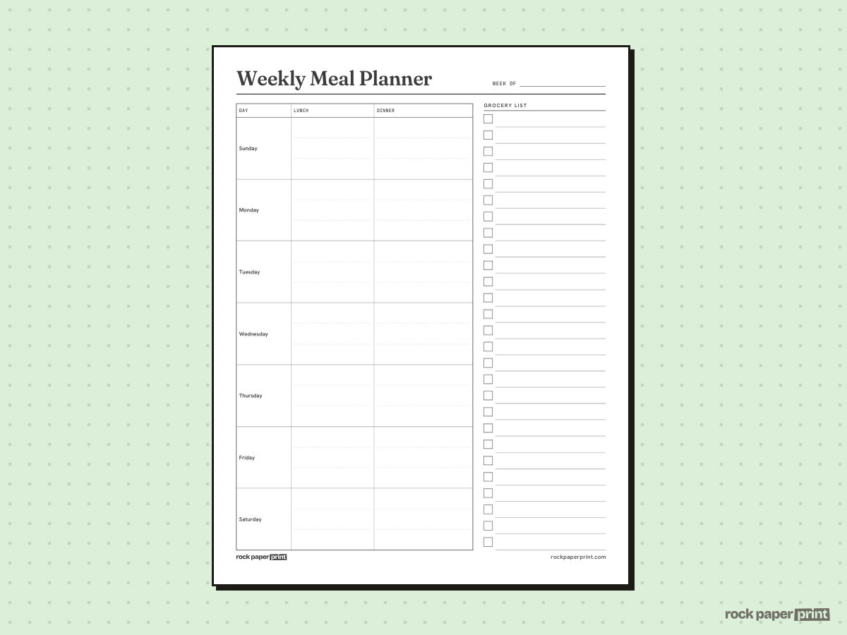 Weekly Meal Planner, With Grocery List, printable PDF preview
