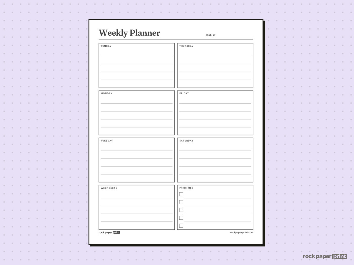 Weekly Planner, Week on One Page, printable PDF preview