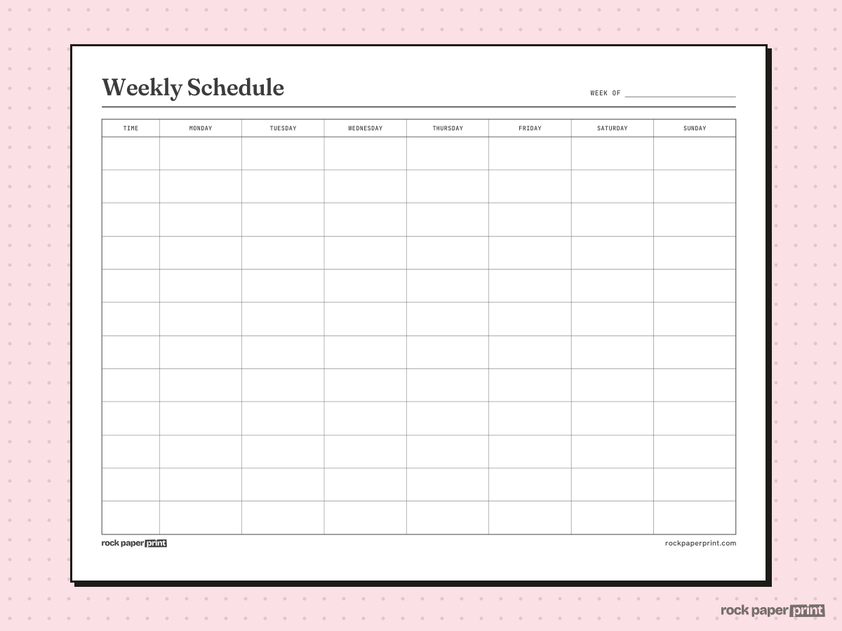 Weekly Schedule Template, Blank Rows (No Times), landscape, printable PDF preview