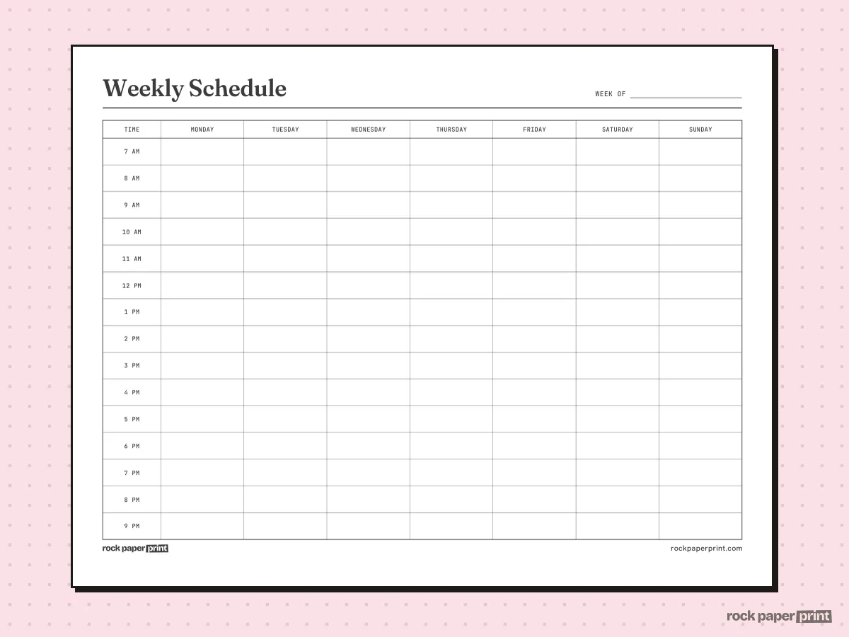 Weekly Schedule Template, Monday to Sunday, landscape, printable PDF preview