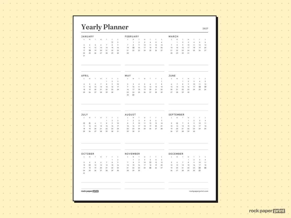 Yearly Planner, 2027 Dated, printable PDF preview
