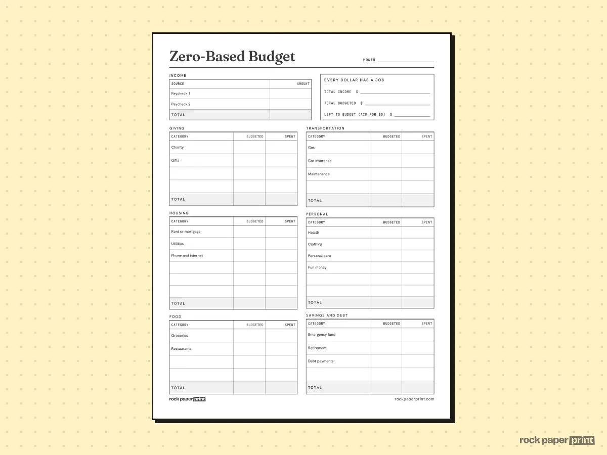 Zero-Based Budget Worksheet, Monthly, printable PDF preview